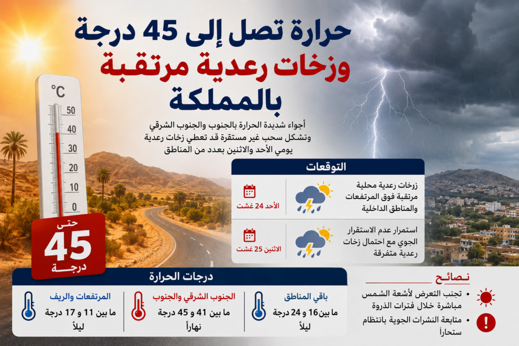 حرارة تصل إلى 45 درجة وزخات رعدية مرتقبة بالمملكة