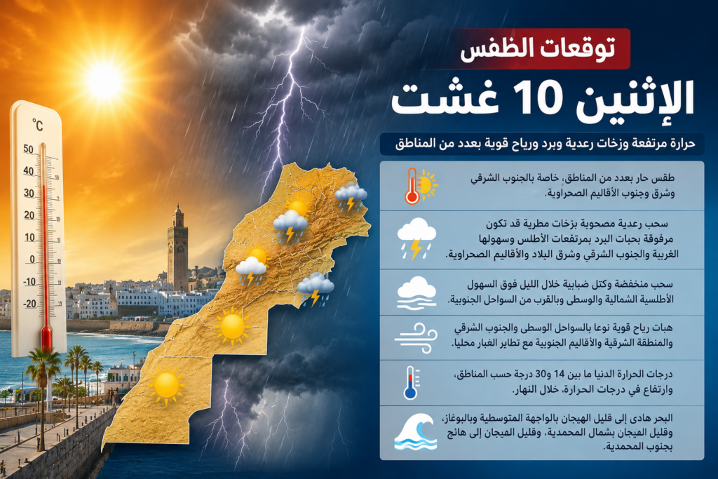تقلبات جوية بالمغرب.. حر قوي ورعد وبرد ورياح مرتقبة اليوم الإثنين