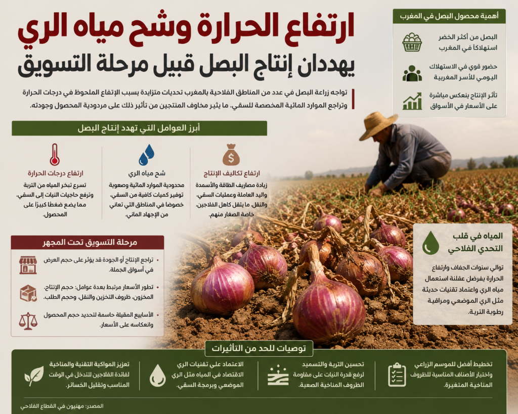 ارتفاع الحرارة وشح مياه الري يهددان إنتاج البصل قبيل مرحلة التسويق