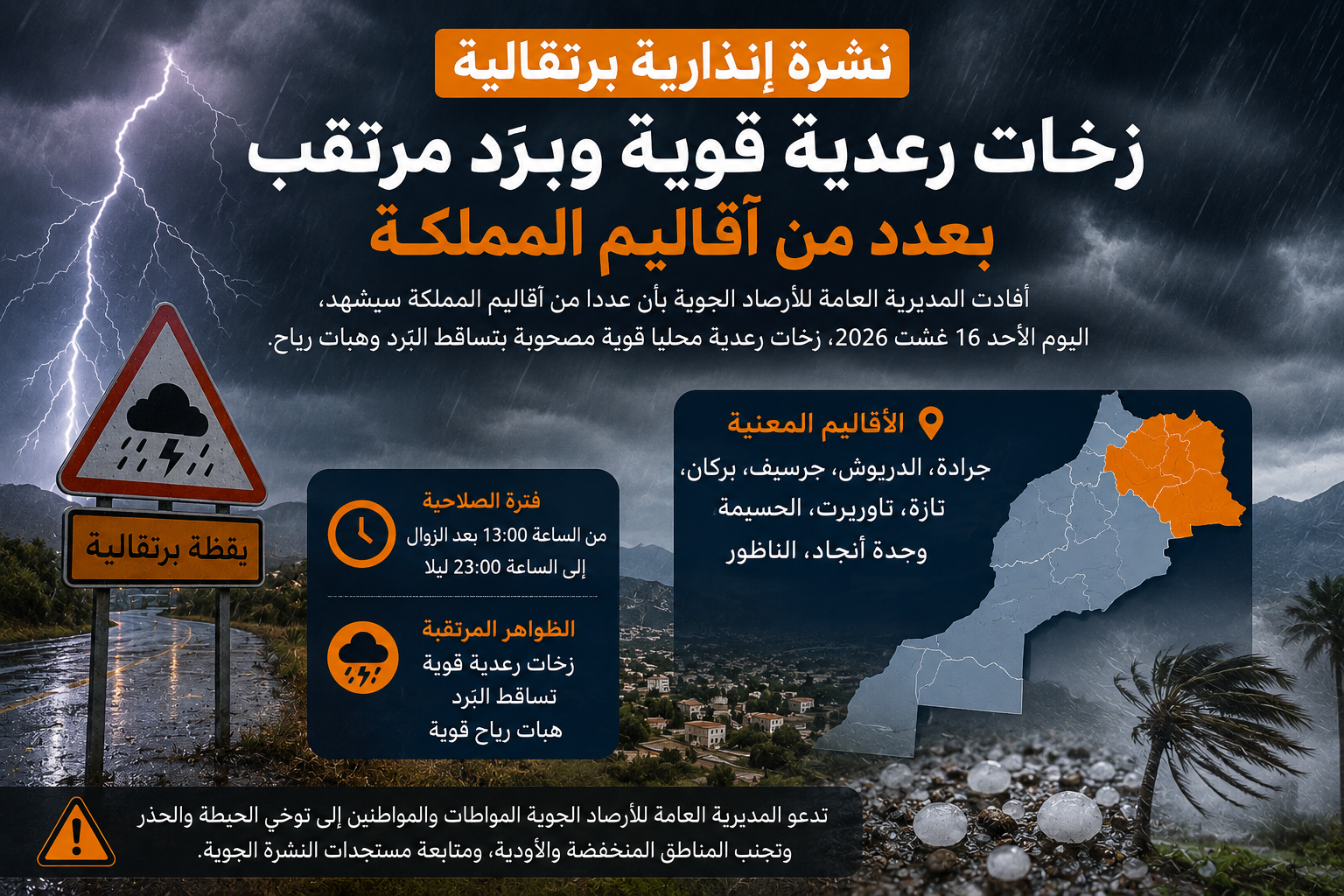 نشرة إنذارية برتقالية.. زخات رعدية قوية وبَرَد مرتقب بعدد من أقاليم المملكة