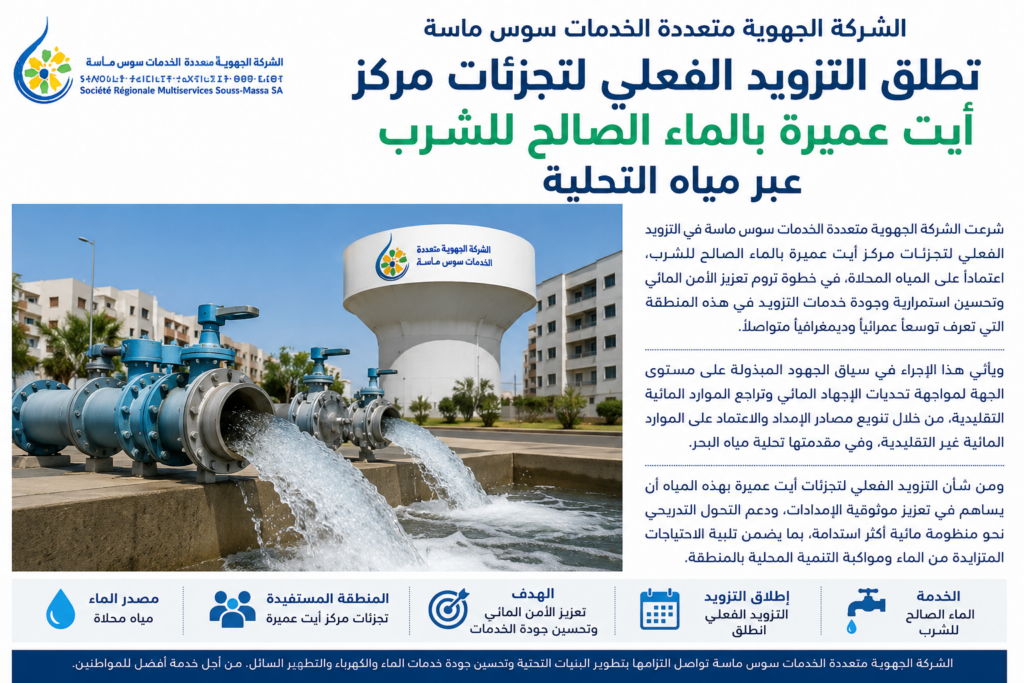 الشركة الجهوية متعددة الخدمات سوس ماسة تطلق تزويد تجزئات أيت عميرة بمياه التحلية