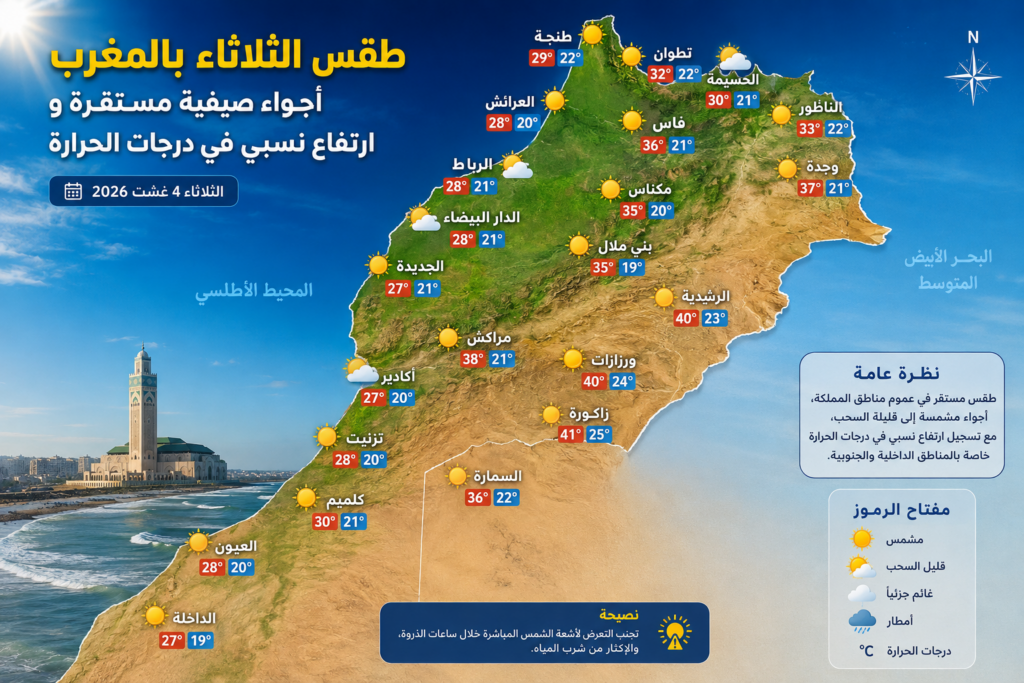 طقس الثلاثاء بالمغرب أجواء صيفية مستقرة وارتفاع نسبي في درجات الحرارة