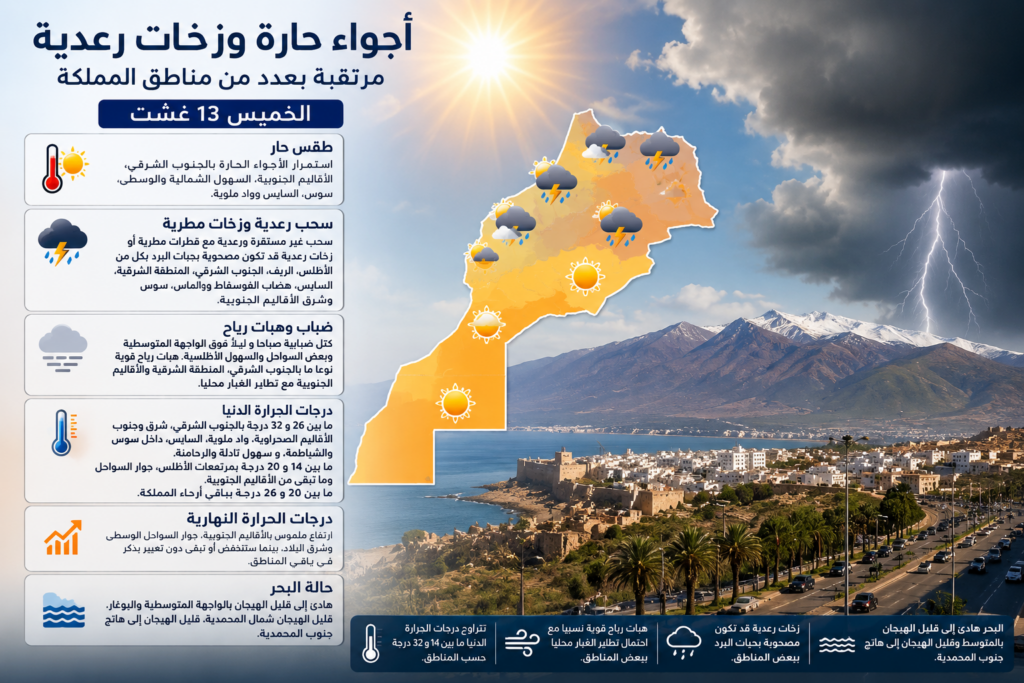 طقس الخميس.. حرارة مرتفعة وزخات رعدية مصحوبة بالبرد بعدد من مناطق المملك