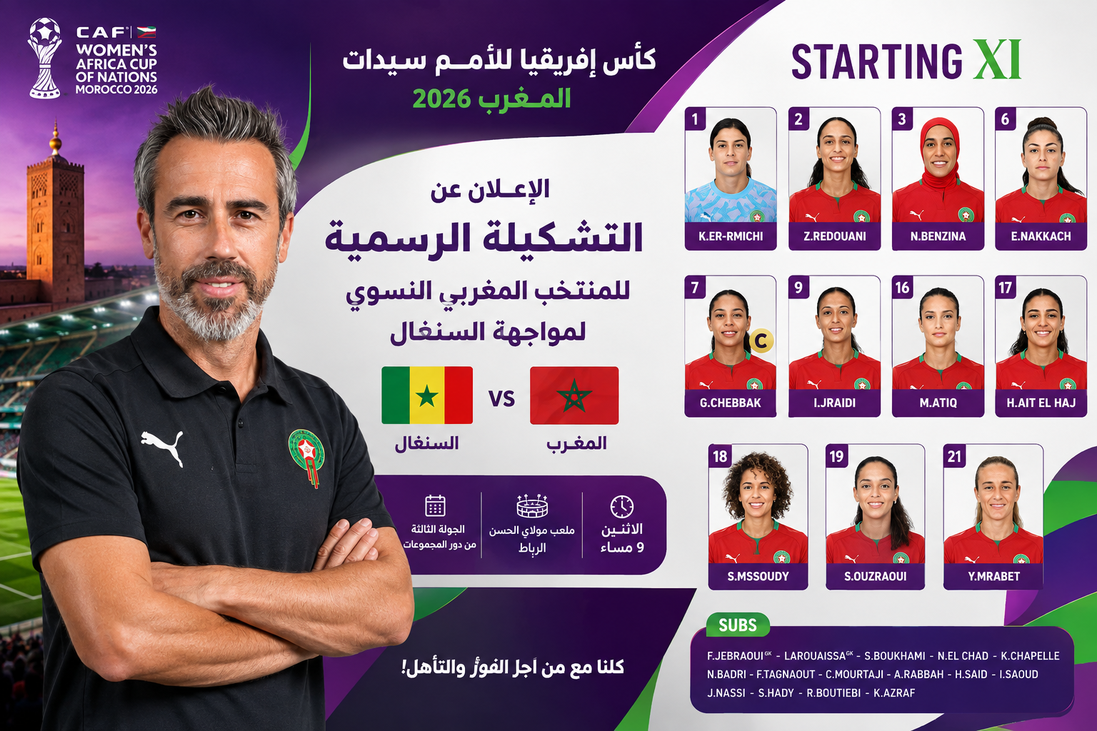 خورخي فيلدا يكشف التشكيلة الرسمية للبؤات الأطلس لمواجهة السنغال في كأس إفريقيا للسيدات