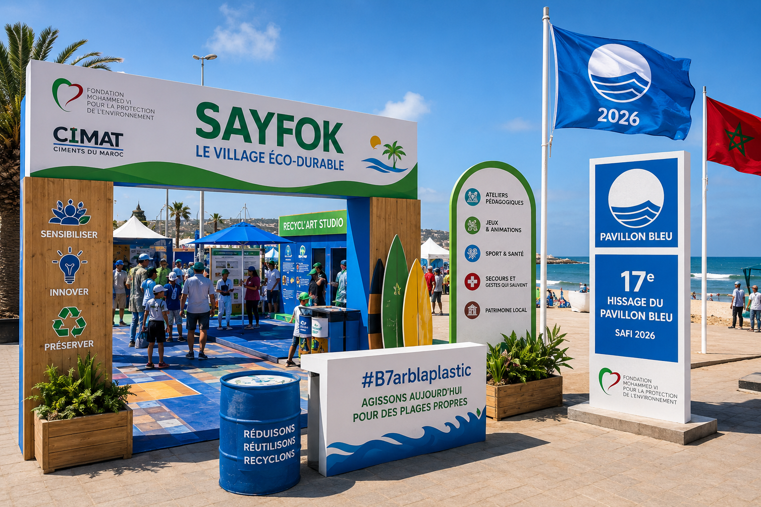 شاطئ آسفي يحتضن نسخة 2026 من قرية Sayfok البيئية المستدامة بمناسبة رفع اللواء الأزرق للمرة السابعة عشرة