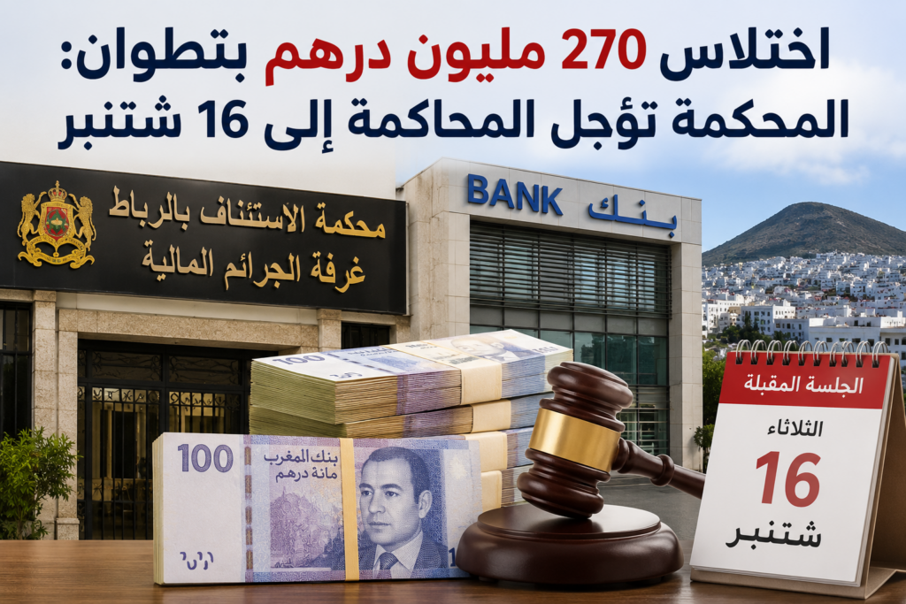 تأجيل محاكمة المتهمين في قضية اختلاس 270 مليون درهم بوكالة بنكية بتطوان إلى 16 شتنبر