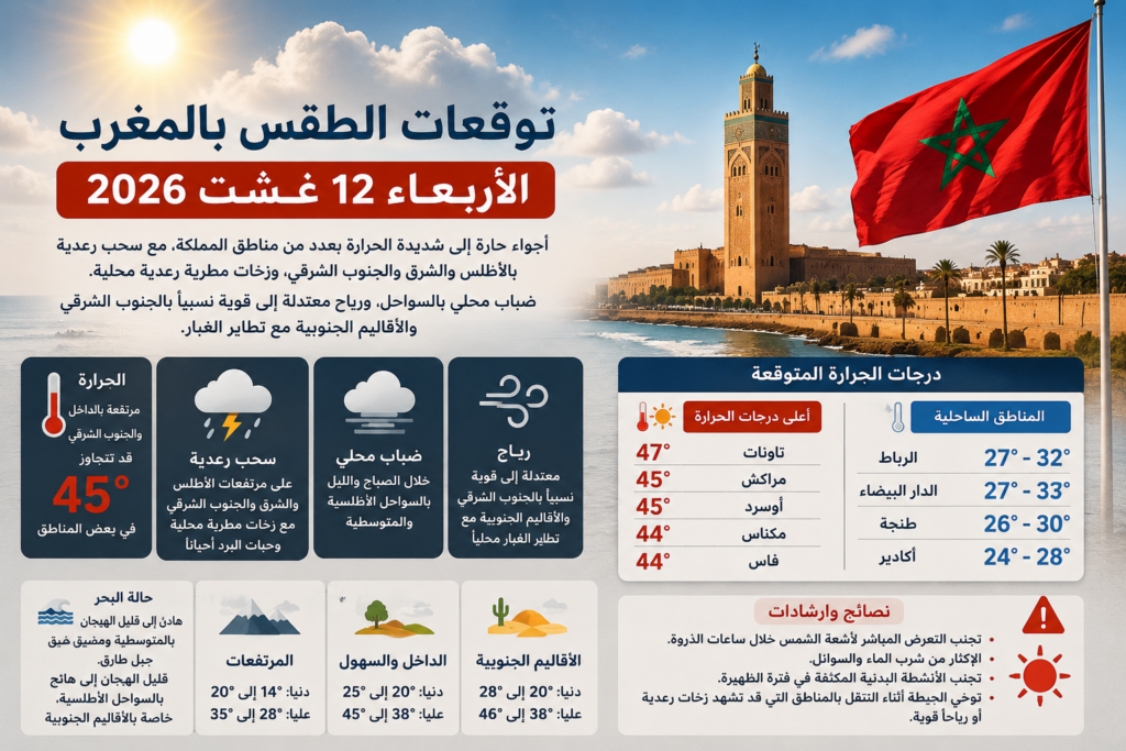 توقعات الطقس بالمغرب ليوم الأربعاء 12 غشت 2026